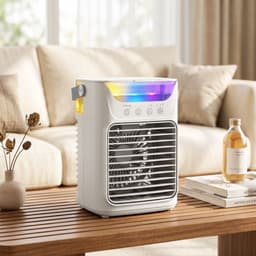 TEKROA® Mini Airco - Draagbare Luchtkoeler & Tafelventilator met 3 Snelheden, RGB-Verlichting en Verstelbare Kop - Wit — thumbnail 2