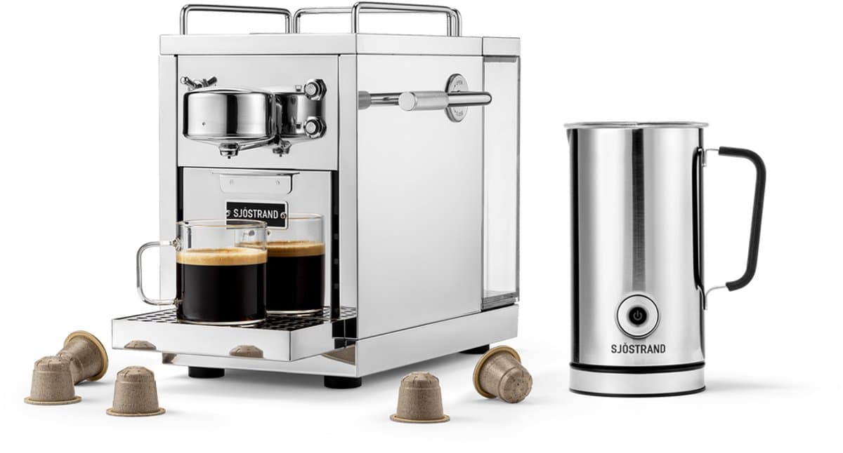 Sjöstrand Espresso Capsule Machine The Original 2.0 Steel + Melkopschuimer - Zilver- Set — afbeelding 1