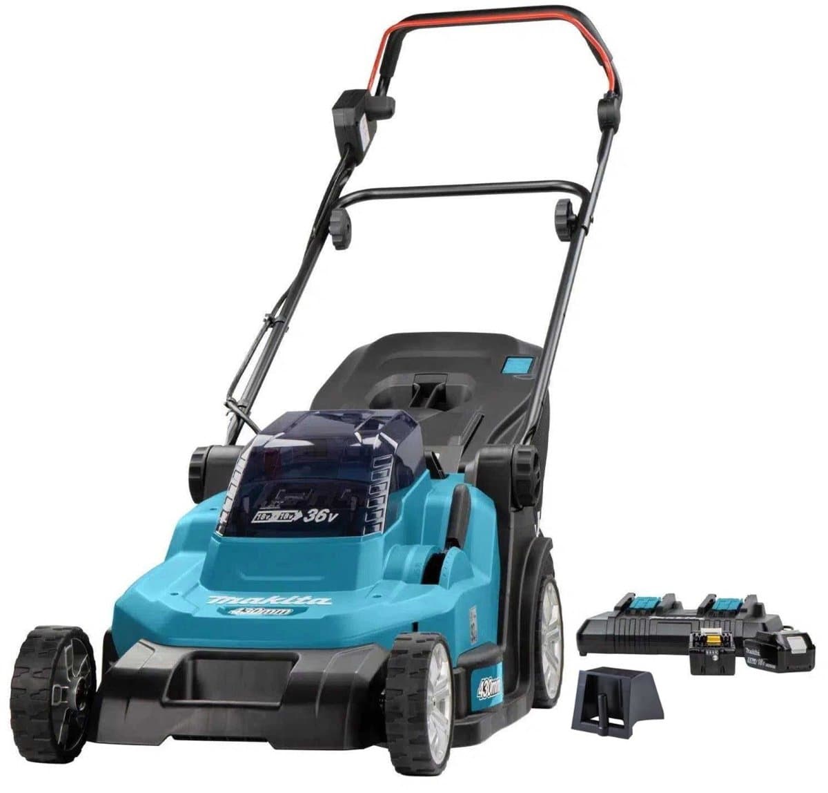 Makita - DLM432PT2 - 2x 18V - accu - grasmaaier - set - incl. 2x 5.0 Ah accu en duolader — afbeelding 1