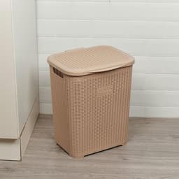 Wasmand met deksel - Vuile was mand - Waskamer organiseren - Rotan geweven patroon - 47x36x33 cm - Cappuccino — thumbnail 3