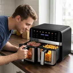 9.4L Airfryer met 2 Kamers & Kijkvenster – Dubbele Heteluchtfriteuse 8-in-1 – Touchscreen & Antiaanbak Mandjes — thumbnail 7
