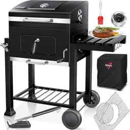 Houtskoolbarbecue XL Grillwagen met Deksel, Thermometer & Rookfunctie – House&Garden BBQ Houtskool Grill met Warmhoudrooster, Wielen, Opbergplanken, Aslade & Accessoires – Zwart — thumbnail 3