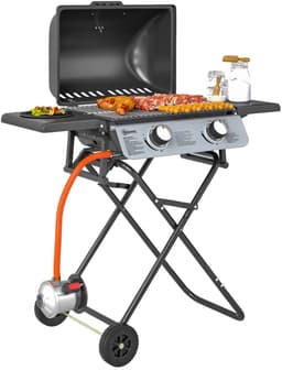 Gasbarbecue - Inklapbaar Gasbarbecue en Gasgrill - 2 Branders - Grillwagen - 5,6 kW - met Grillrooster, Wielen, Bijzettafels, Drukregelaar, Slangen, Thermometer - 101 x 50 x 102 cm - Zwart — thumbnail 1