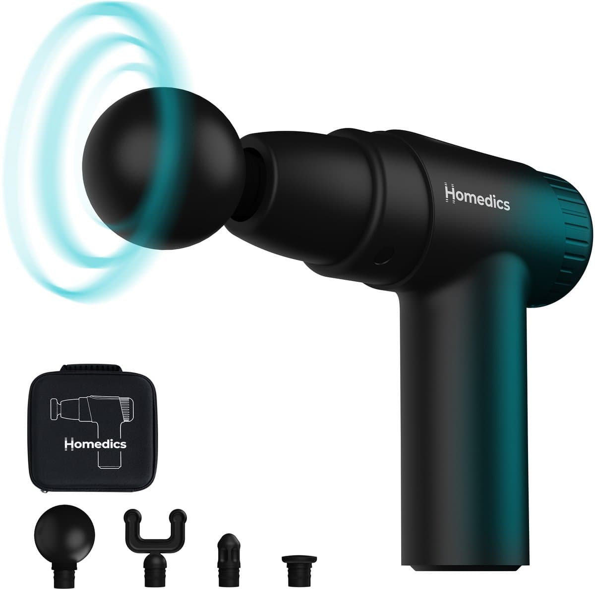 HoMedics Novo Draadloze Mini Massage Gun - Lichtgewicht Design - 6 Intensiteitsinstellingen - 1400 tot 2800 RPM - 4 Opzetstukken - 3 uur Batterijduur - USB C - Massagegun Om Spierpijn Te Verlichten - PGM45BK - Zwart — afbeelding 1