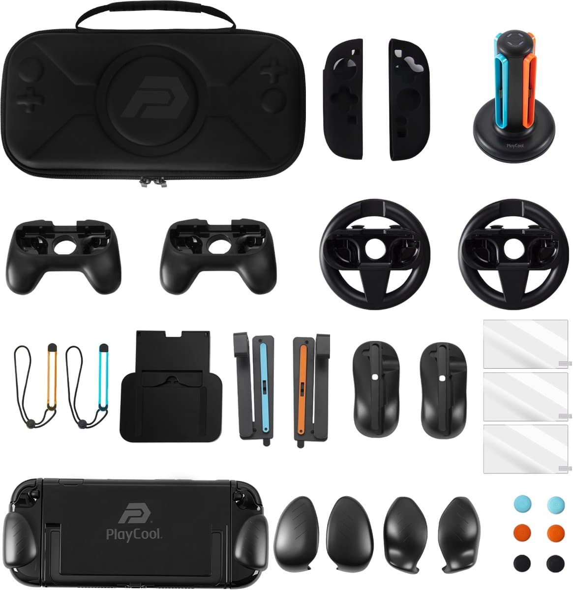 PlayCool 23-in-1 Accessoirebundel voor Nintendo Switch 2 – Beschermhoes, Screenprotectors, Thumb Grips, Joy-Con Siliconen Covers, Stuurset, Controller Grips, Oplaadstation, Playstand & Game Muisset — afbeelding 1