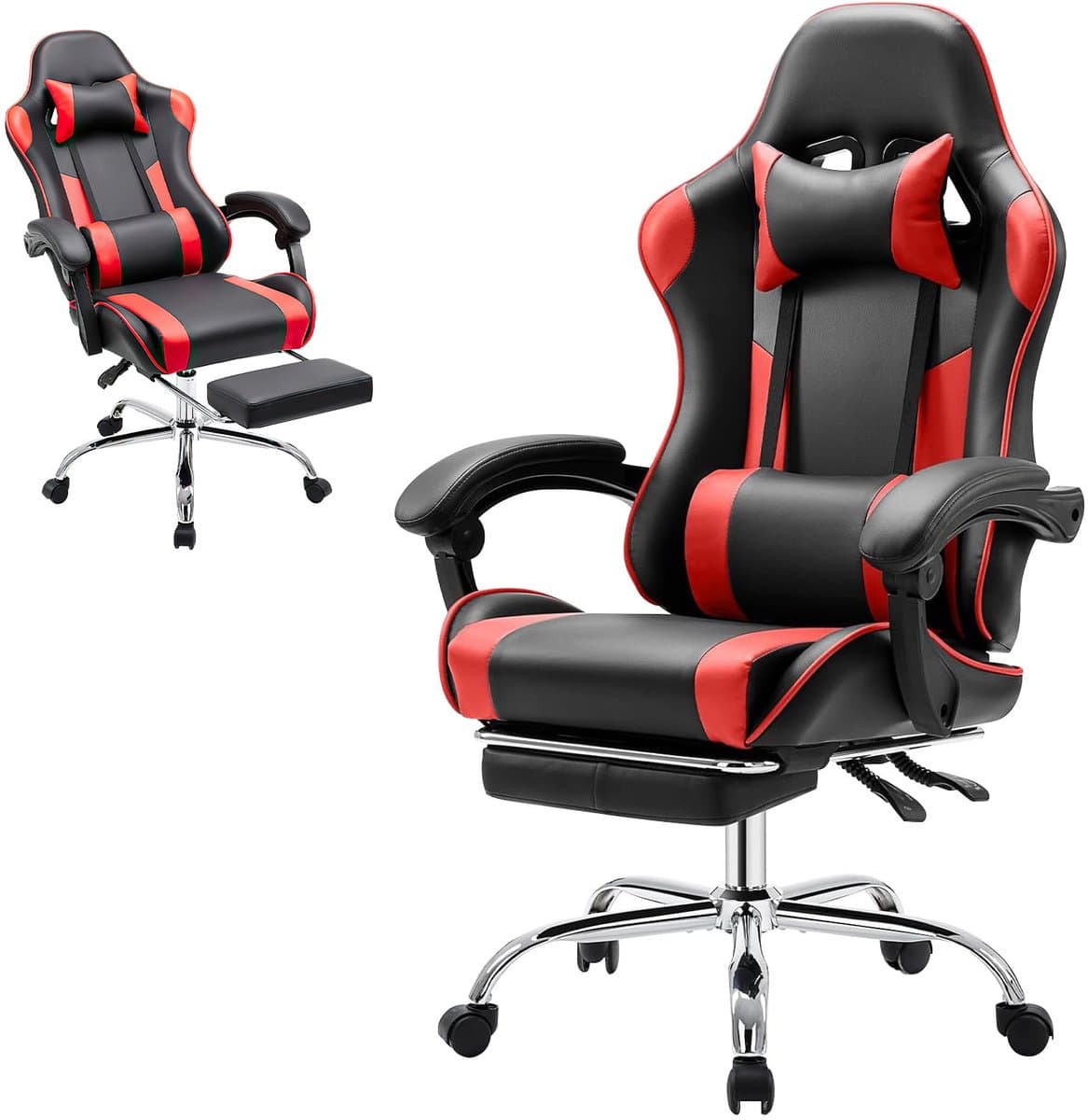 Gamingstoel / Ergonomische Bureaustoel - Kunstleer - Met Voetensteun, Hoofdsteun & Lendenkussen - Verstelbare Hoogte - 125 kg Draagvermogen — afbeelding 1