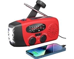 Noodio Noodradio - 2026 MODEL - 3 LEDS - Noodradio Opwindbaar - SOS alarm - 2000 mAh - Radio Met Accu Batterij Voor Noodsituaties - Noodpakket - Draagbare radio - Solar - Zaklamp - Powerbank - Noodradio Op Batterijen - Rood - Voor Rampen/Camping