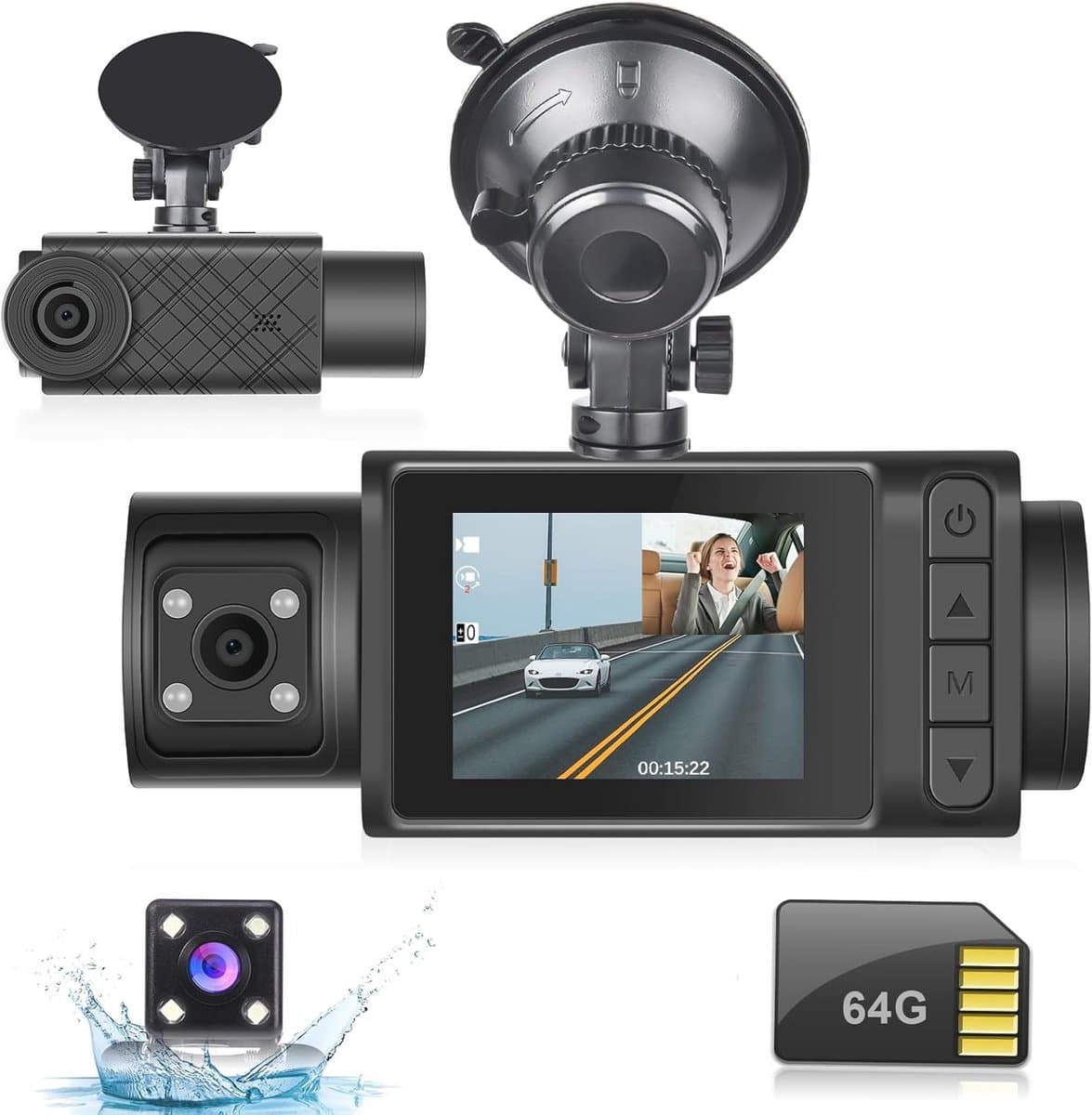 Dashcam 3 kanalen met 1296P video, IR-nachtzicht, G-sensor en parkeermonitor voor auto — afbeelding 1