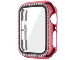 Watch case screenprotector - hoesje - gehard glas - geschikt voor Apple Watch Series 7/8/9 met case size 45 mm - glittersteentjes - rosekleurig