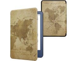 kwmobile e-reader hoesje geschikt voor Amazon Kindle (2022/2024) hoes - E reader flip case met magnetische sluiting - Ereader cover - Vintage Travel design in bruin / lichtbruin