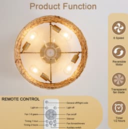 FloraGrace Plafondlamp Met Ventilator – Handgeweven Rattan Design – 50 Cm – Kunststof En Rattan – Koper – Slaapkamer En Kleine Ruimtes – 6 Snelheden — thumbnail 5