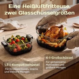 Draagbare glazen Air Fryer heteluchtfriteuse, 4 l/1,5 l, 1500 W, olievrije luchtfriteuse met kijkvenster, glazen kom, 4 modi, zonder coating, vaatwasmachinebestendig — thumbnail 3