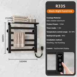 Elektrische handdoekwarmer, klein, 135 W, elektrische handdoekdroger, 50 x 50 cm, handdoekdroger met lcd-touch-bediening, timer, thermostaat, inklapbare plank (zwart) — thumbnail 2