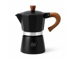 Adore Maison Barista – Moka pot 6 Kops – Zwart met Houten Handvat – Traditionele Espressomaker voor Gas & Elektrisch