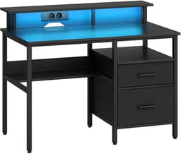 computertafel-Bureau met stoffen laden-met monitorstandaard-LED-verlichting-5 x 120 x 90 cm-zwart — thumbnail 1