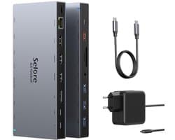 USB C Dockingstation met 65W Voeding en 15 Poorten - Ondersteuning voor Drie Schermen en Snelle Dataoverdracht