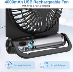Bureauventilator Klein en Stille, Draagbare USB-oplaadbare Ventilator met 4000mAh Accu en 4 Snelheden voor Kantoor, Camping en Reizen — thumbnail 1