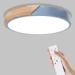 Dimbare Houten Plafondlamp - 3000K-6000K LED Lamp met Afstandsbediening - Moderne Verlichting voor Woonkamer, Slaapkamer en Hal - 32W, 30 cm, Blauw — thumbnail 4