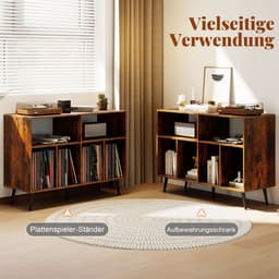 COSTWAY Draaitafel standaard 3-traps draaitafel kast met vinyl opbergplanken, opbergtafel voor vinylplaten, opberghouder voor woonkamer, muziekkamer (bruin) — thumbnail 5