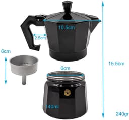 Intirilife Espressomaker aluminium - zwart - 3 kopjes mokkapot, 160 ml Italiaanse koffie, koffiezetapparaat geschikt voor gas, keramische kookplaat, elektrische kookplaat — thumbnail 3