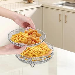 3 stuks stapelbare manden voor airfryer, manden voor heteluchtfriteuse roestvrij staal, heteluchtfriteuse rooster diameter 20 cm, met siliconen voetjes in anti-verbrandingsclips, voor bakken — thumbnail 4