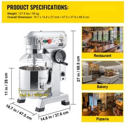 Keukenmachine - Commerciële Staande Deegmixer - RVS Kom 14,2 L - Krachtige 850 W Motor - Drie Snelheden 113/184/341 rpm - Deeghaak & Klopper - Voor Bakkerij & Pizzeria — thumbnail 3
