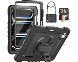 SEYMAC Hoes voor iPad Pro 11 Inch 2024 5e Generatie M4, Stootvaste Cover voor iPad Pro 11 met Displaybescherming, 360° Draaibare Standaard en Polsband, Schouderriem, Penhouder, Zwart