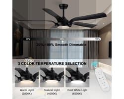Plafondventilator met Verlichting en Afstandsbediening, 142 cm, Stil, Dimbaar, 6 Snelheden, 5 Bladen, Zwart