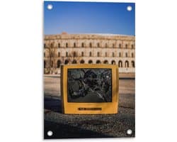 Tuinposter – Kapotte Gele Televisie  - 40x60cm Foto op Tuinposter  (wanddecoratie voor buiten en binnen)