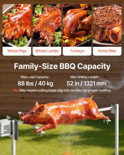 VEVOR Speenvarkengrill, Lamsgrill, Spitgrill, Rotisseriegrill 1321 mm, AC 220-240V, 8-Traps Elektrische Rotisseriegrillset met Een Draagvermogen van 40 Kg, 38W Motor, Grillset Voor Feestjes — thumbnail 4