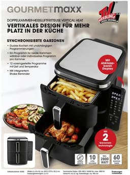 GOURMETmaxx FryUp Vertical Double Chamber Hot Air Fryer | vertical air fryer | folding touch display | 32% more space-saving | capacity 10L | hot air fryer 2 chambers — thumbnail 6