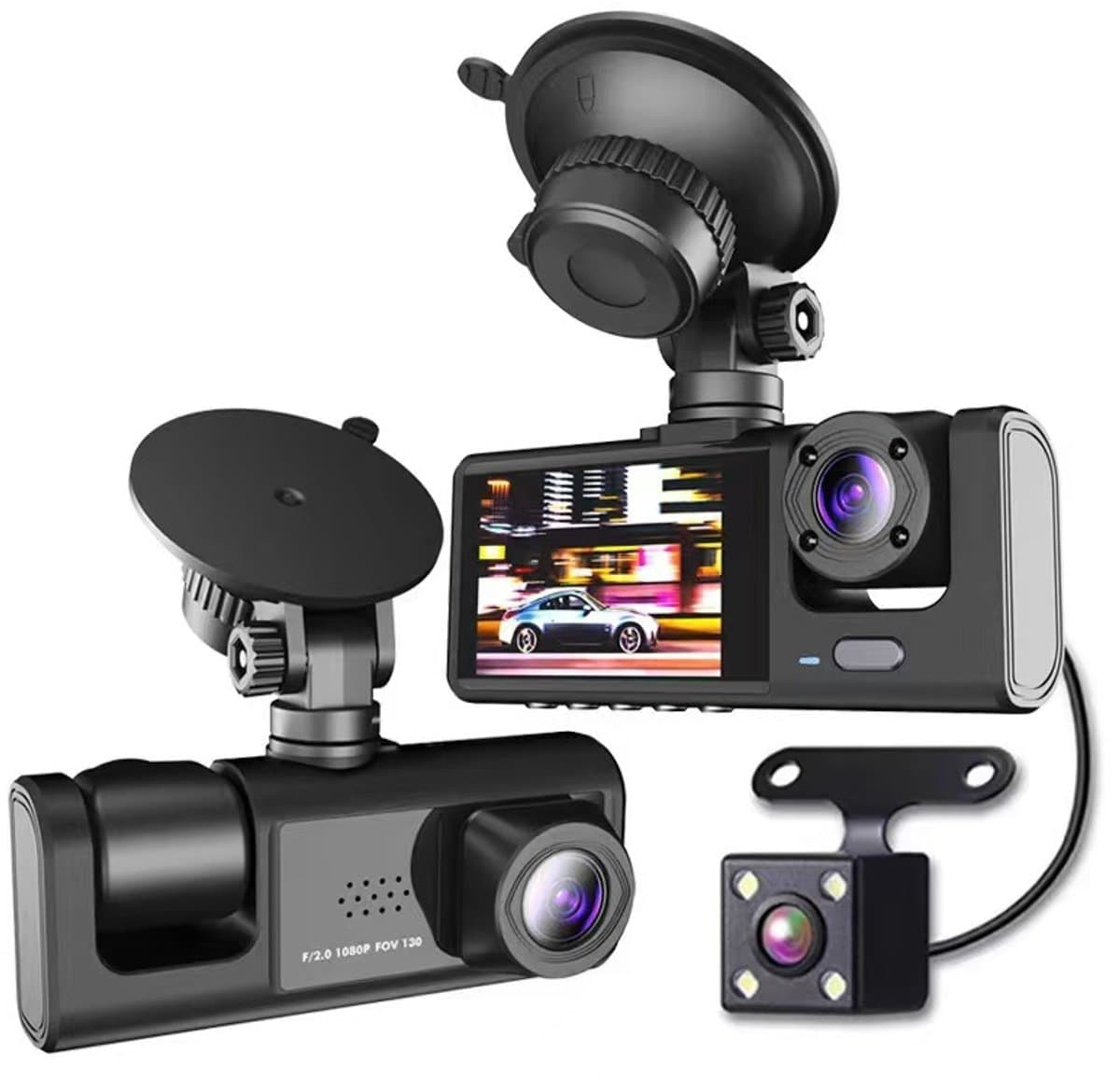 2-inch scherm C309 WiFi-dashcam, HD-connectiviteit met mobiele telefoon, parkeerbewaking met drie lenzen en nachtzicht, ingebouwde DVR. — afbeelding 1