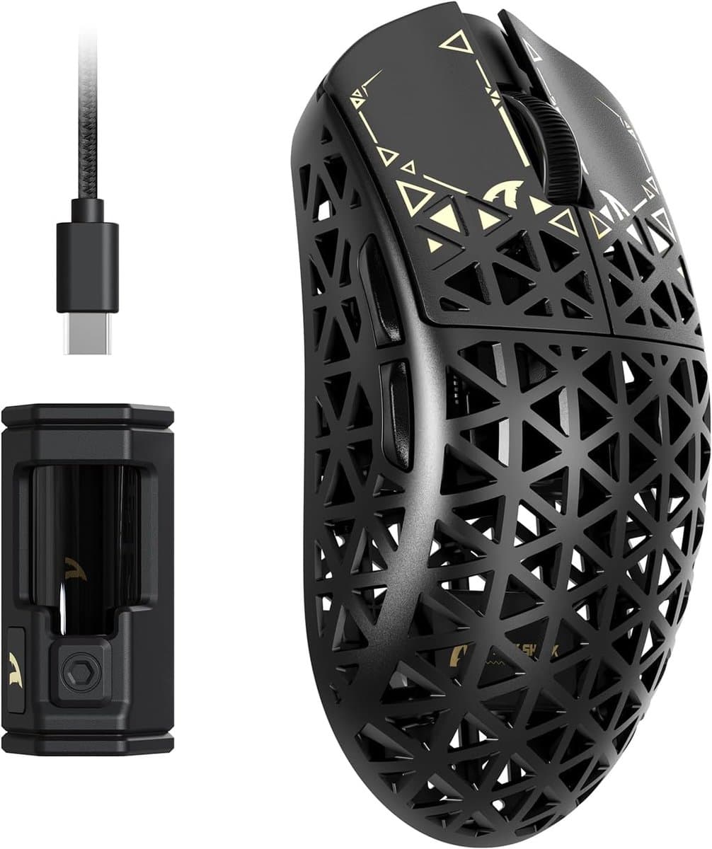 ATTACK SHARK R5 Ultra - Gamingmuis - Koolstofvezel Behuizing - 39g Ultralicht - HyperSpeed Draadloos - 2.4G / Bluetooth / USB-C Bedraad - PAW3950MAX Sensor - 8000Hz Pollingsnelheid - 42.000 DPI - Windows & Mac - Zwart — afbeelding 1