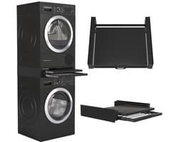 Wasophoogte® Tussenstuk wasmachine droger - Stapelkit wasmachine droger - Tussenkader met droogrek en plateau - Geschikt voor elk type - Zwart