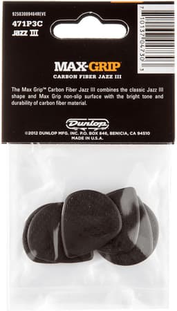 Dunlop 471P3C Max Grip Jazz III Carbon Fiber 1.38mm Plectrum 6-Pack - Plectra, zakje met 6 stuks — thumbnail 3