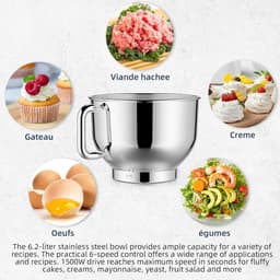 RFWR® Krachtige 1500W Keukenmachine met 6.5QT Kom - Multifunctionele Elektrische Mixer voor Kneden en Bakken — thumbnail 2