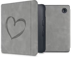 kwmobile e-reader hoesje geschikt voor Kobo Libra 2 hoes - Ereader flip case met standaard - Kunstleren e reader cover - Brushed Hart design in grijs