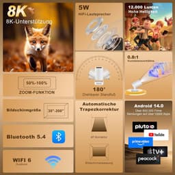 SnelShoppen - Portable Video Projector 2026 Mini Projector 4K Wi-Fi 6 Bluetooth 5.4 Android 14 180° Rotatable 12000 Lumens Home Cinema Wit — thumbnail 3