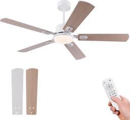 Plafondventilator 52 inch met Licht en Afstandsbediening - Dimbare LED-verlichting - 6 snelheden met omkeerbare motor - Geschikt voor slaapkamer - Vlak modern design - 5 bladen met tweekleurige afwerking (wit & natuurhout) — thumbnail 2