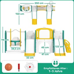 Kinderglijbaan 9-in-1 peuterglijbaan met basketbalmand, 2 glijbaan, klimrek, schommel, tunnel, verrekijker, scheurplank, kikkermotief en opbergdoos enz., voor binnen en buiten, voor 1-3 jaar — thumbnail 4