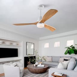 HAUSS SPOLE Ventilator – 132 cm – Met Verlichting En Afstandsbediening – Metaal En Massief Hout – Wit En Naturel – Voor Woonkamer En Slaapkamer — thumbnail 1