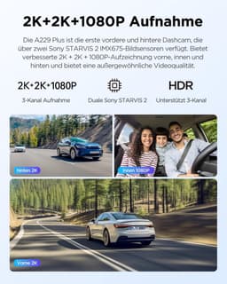 Dashcam voor auto - Zwart - 3-kanaals 2K + 2K + 1080p - Dual STARVIS 2 Sensoren met HDR en GPS - Met Spraakbesturing en Nachtzicht — thumbnail 2