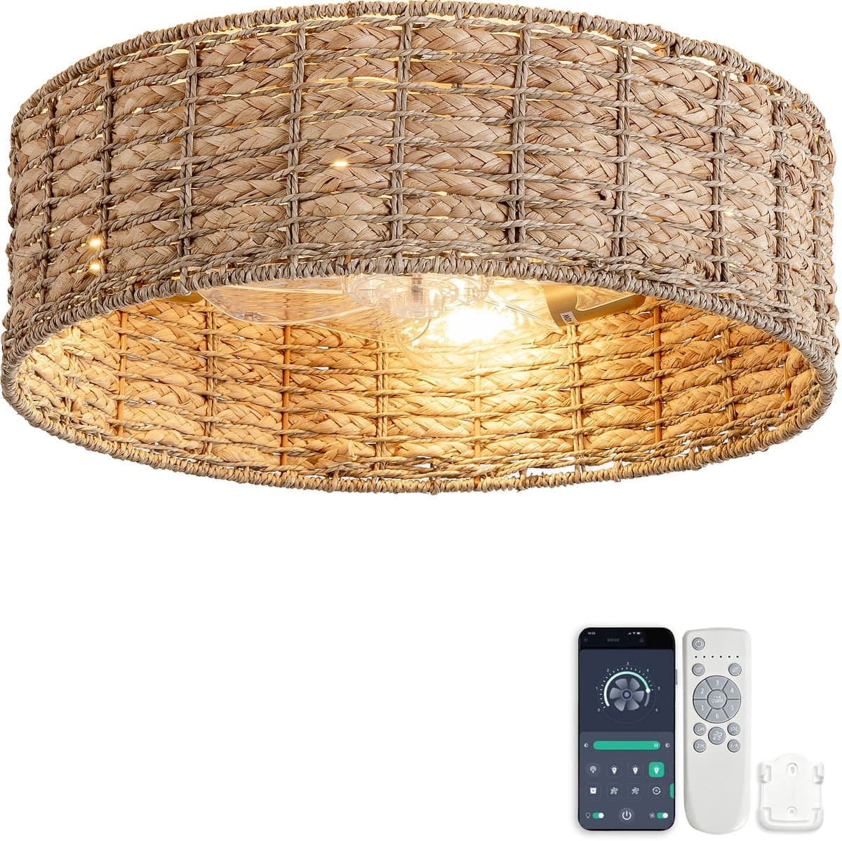 19 inch Natuurlijk Rotan Plafondventilator met Licht - Dubbele bediening via app en afstandsbediening - 6 snelheden omkeerbaar - Stille motor - ABS-bladen - Geschikt voor kleine lage ruimtes in rustieke Wabi-Sabi stijl — afbeelding 1