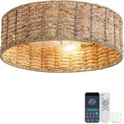 19 inch Natuurlijk Rotan Plafondventilator met Licht - Dubbele bediening via app en afstandsbediening - 6 snelheden omkeerbaar - Stille motor - ABS-bladen - Geschikt voor kleine lage ruimtes in rustieke Wabi-Sabi stijl — thumbnail 1