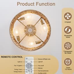 Plafondventilator 19 inch - Dubbele bediening via app en afstandsbediening - Zes snelheidsstanden - Geschikt voor lage plafonds en kleine appartementen - ABS-bladen met rotan rooster - Opengewerkt ontwerp — thumbnail 5