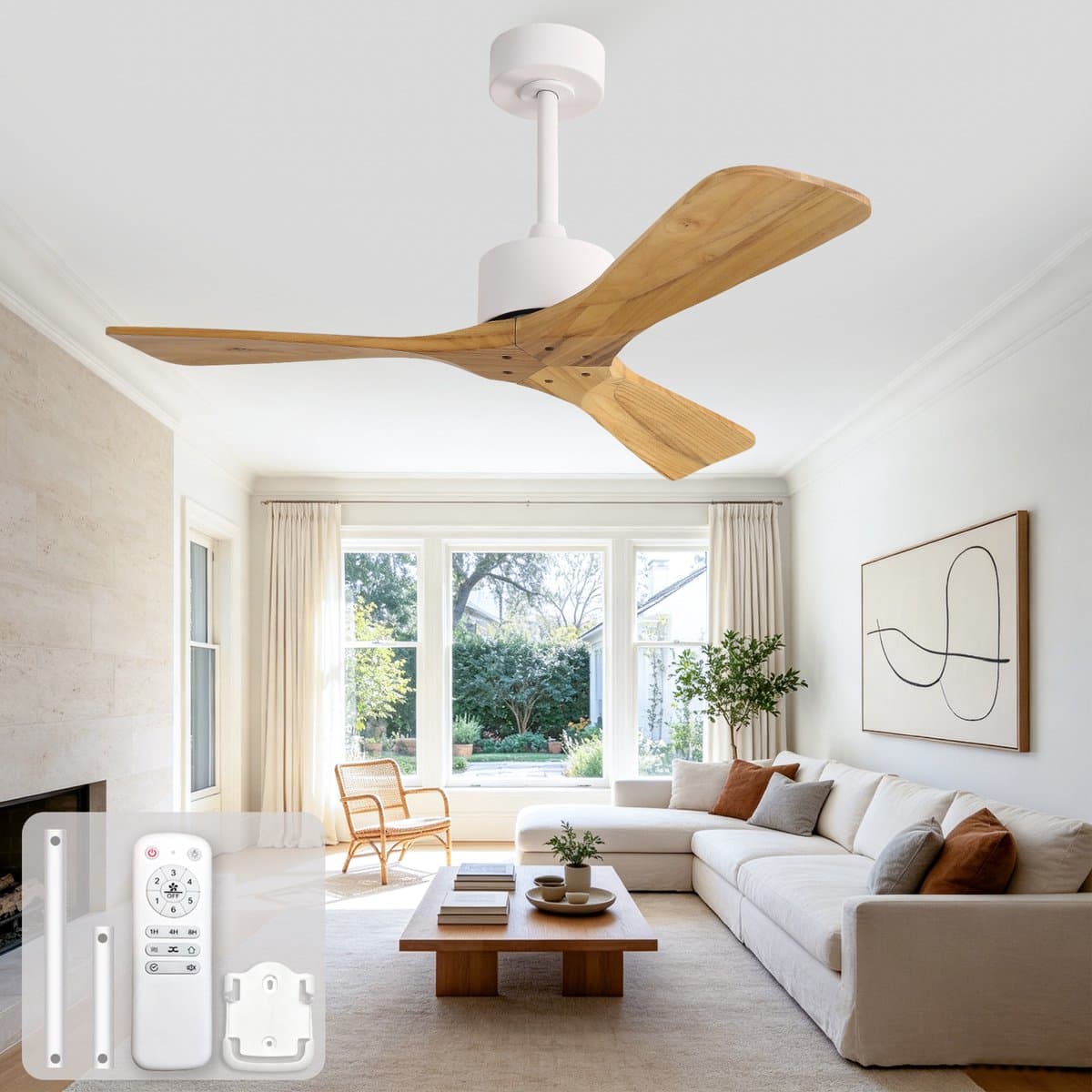 COVREO Plafondventilator 104 cm wit en naturel - hout en metaal - zonder verlichting met afstandsbediening — afbeelding 1