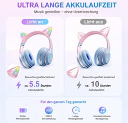 Kids Bluetooth Headphones with RGB LED Cat Ears, Wireless Over Ear Headset with Microphone, Foldable Headphones for Tablet, Phone and PC — thumbnail 4