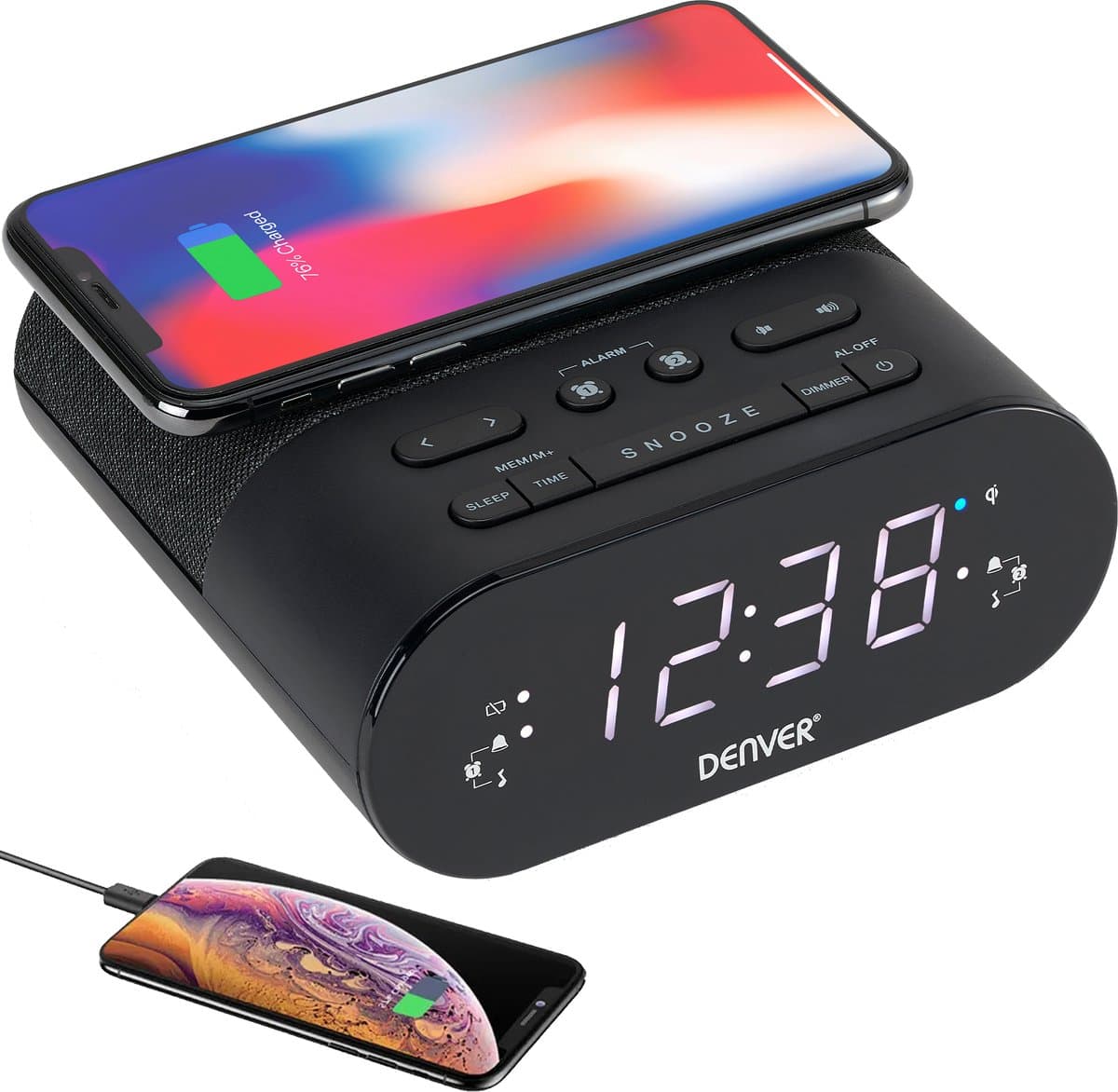 Denver Wekkerradio met Draadloze Oplader - Digitale Wekker - FM Radio - Dubbel Alarm - Dimmer - CRQ107 - Zwart — afbeelding 1