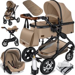 KESSER® Kinderwagen 3 in 1 Loops Wandelwagen Set incl. Autostoel & Reiswieg & Buggy Sportzitje - Massieve Rubberbanden - Luiertas / Regenhoes - Beige / Zwart — thumbnail 1