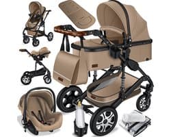 KESSER® Kinderwagen 3 in 1 Loops Wandelwagen Set incl. Autostoel & Reiswieg & Buggy Sportzitje - Massieve Rubberbanden - Luiertas / Regenhoes - Beige / Zwart